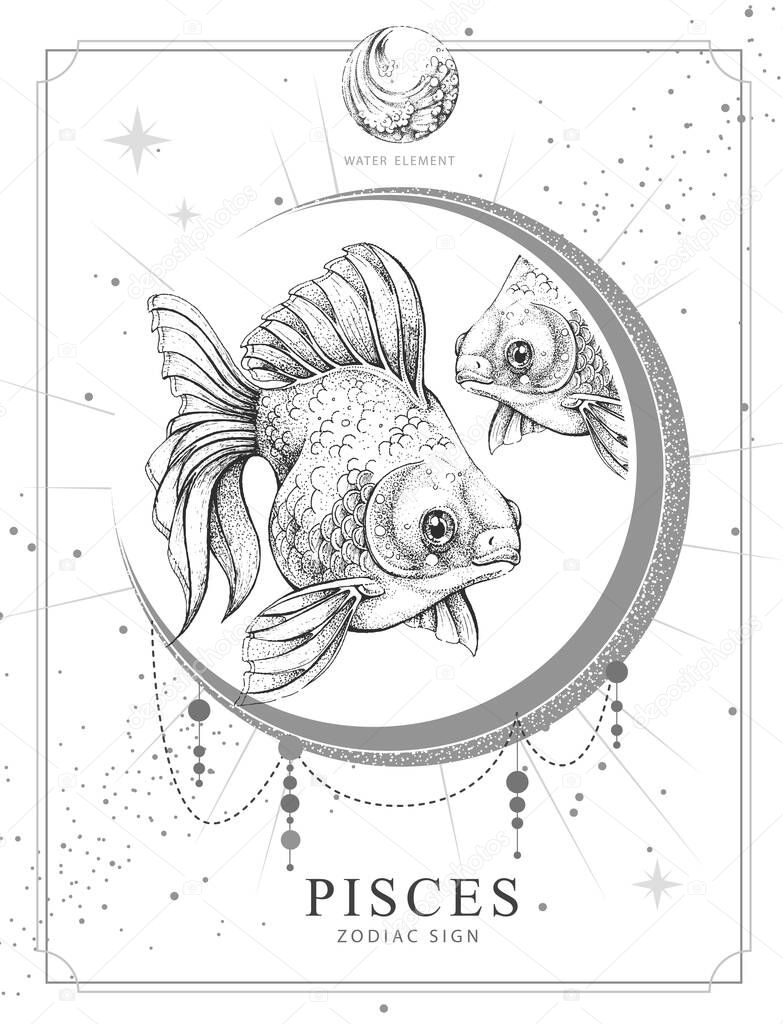Modern magic witchcraft card with astrology Pisces zodiac sign. Realistic hand drawing koi fish illustration