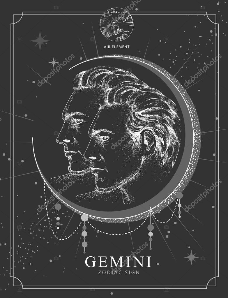 Modern magic witchcraft card with astrology Gemini zodiac sign. Realistic hand drawing men portraits illustration. Zodiac characteristic
