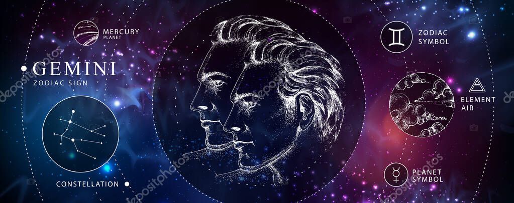 Modern magic witchcraft card with astrology Gemini zodiac sign. Realistic hand drawing men portraits illustration. Zodiac characteristic