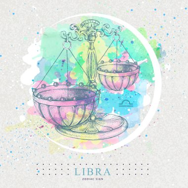 Astroloji burcu Terazi burcuyla modern büyü kartı. El çizimi ölçeklendirmesi illüstrasyonu