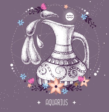 Astroloji burcuyla modern büyü kartı Aquarius Zodiac. Gerçekçi el çizimi su testisi çizimi