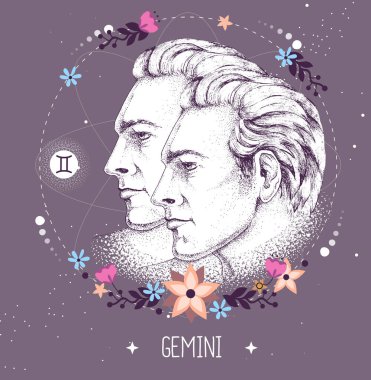 Astroloji burcuyla modern büyü kartı. Gemini burcu. Gerçekçi el erkek portresi çiziyor. Zodiac karakteristiği