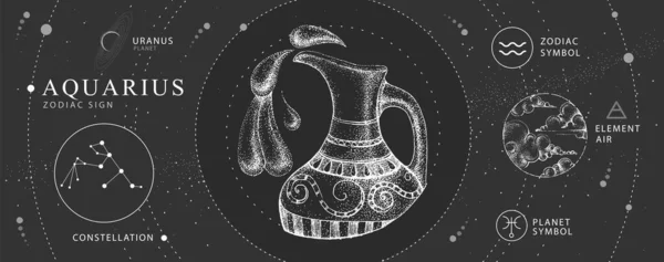 占星術のアクエリアス星座と現代の魔法の魔術カード 現実的な手描きのウォータージャグイラスト 干支の特徴 — ストックベクタ