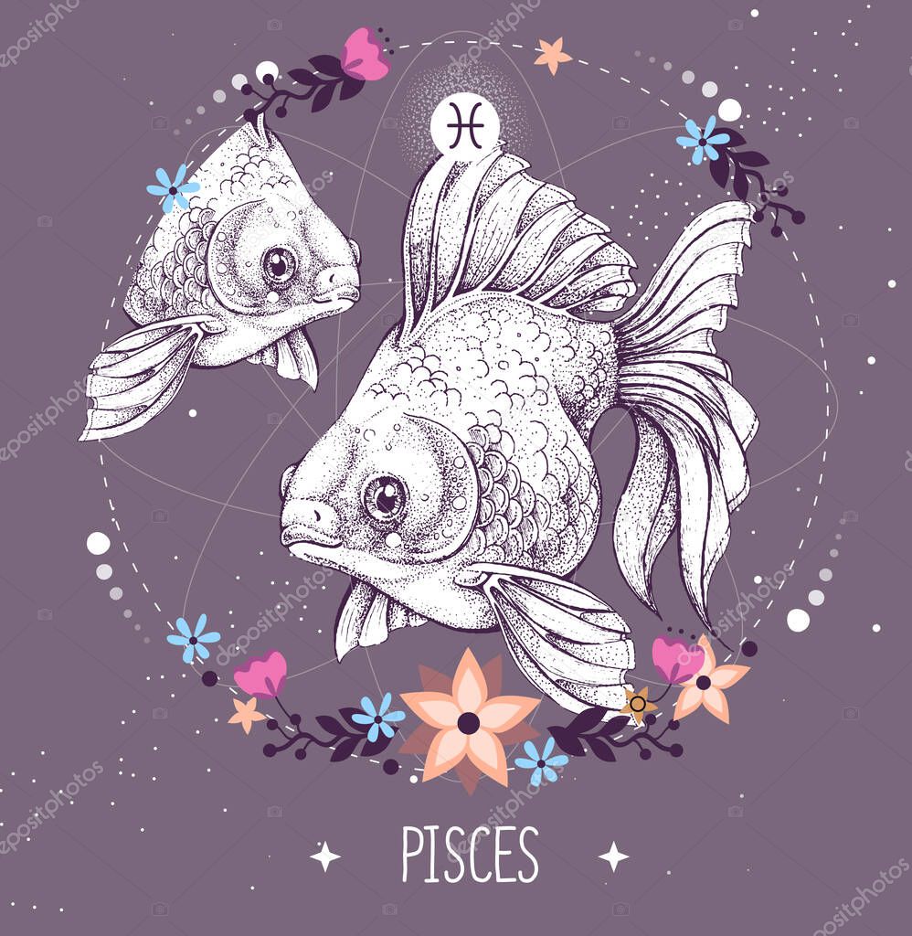 Modern magic witchcraft card with astrology Pisces zodiac sign. Realistic hand drawing koi fish illustration