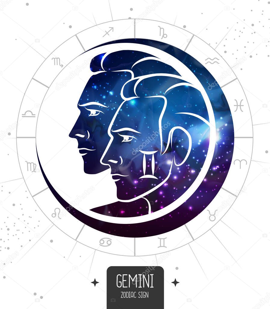 Modern magic witchcraft card with astrology Gemini zodiac sign. Men portraits with outer space inside