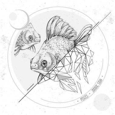 Gerçekçi el çizimi ve çokgen koi balığı çizimi. Balık burcu işaretli sihirli kart.