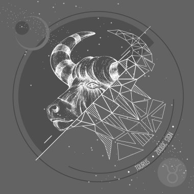 Gerçekçi el çizimi ve çokgen boğa kafa çizimi. Boğa burcu işaretli sihirli kart.