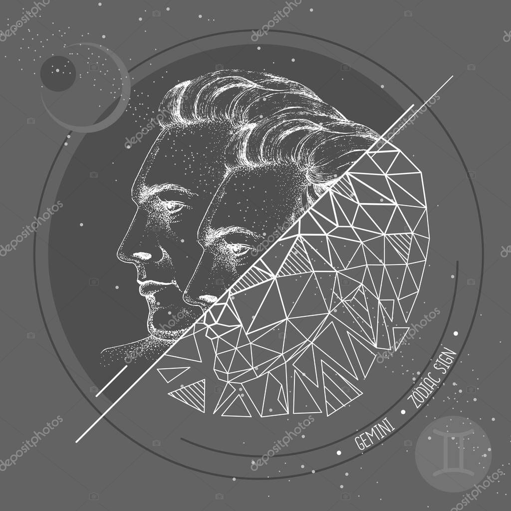 Realistic hand drawing and polygonal men head illustration. Magic card with Gemini zodiac sign