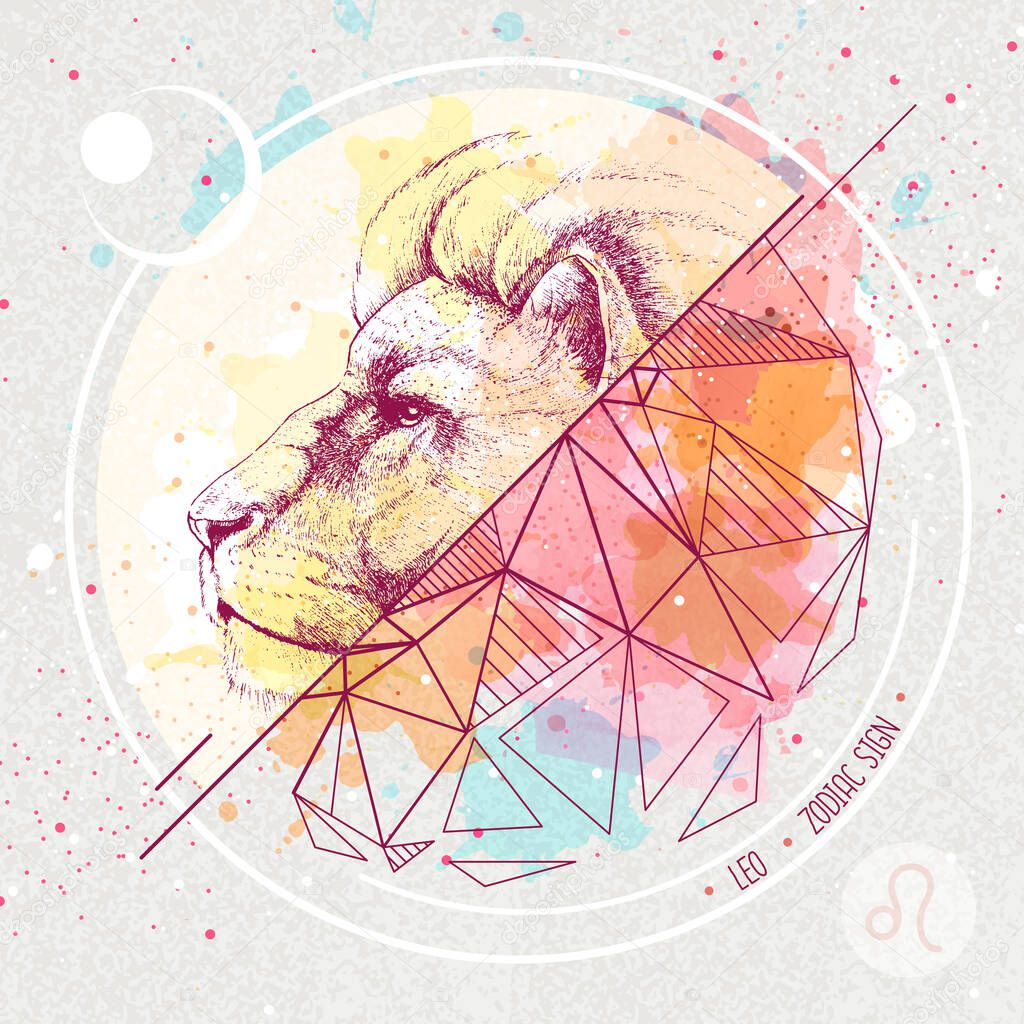 Realistic hand drawing and polygonal lion head illustration on watercolor background. Magic card with Leo zodiac sign