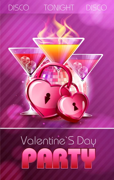 Диско-плакат Валентина з сердечками і коктейлями — стоковий вектор