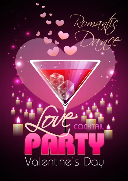 Valentine disco poster mit herzen und cocktails — Stockvektor