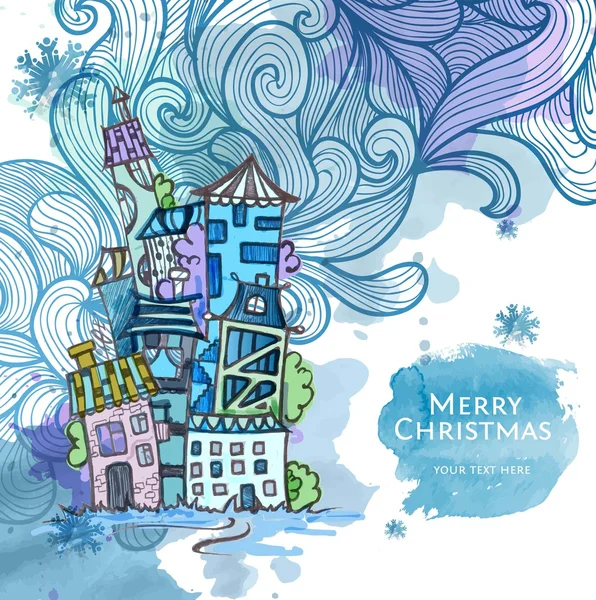 Decoratieve schets van stad. winter christmas achtergrond — Stockvector