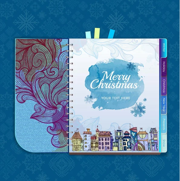Fondo de Navidad. Cuaderno de notas. Ciudad decorativa — Vector de stock