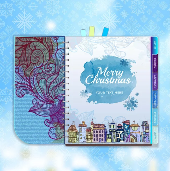 Fondo de Navidad. Cuaderno de notas. Ciudad decorativa — Archivo Imágenes Vectoriales