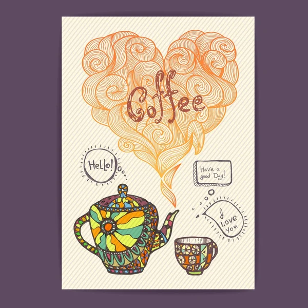 コーヒーのカップとティーポットの装飾的なスケッチ — ストックベクタ