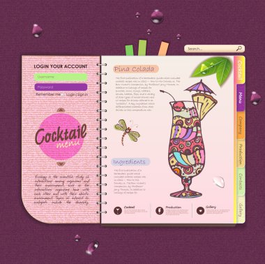 Web sitesi tasarım şablonu. Dekoratif kokteyl menü