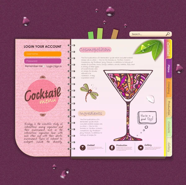 Modèle de conception de site Web. Menu cocktail décoratif — Image vectorielle