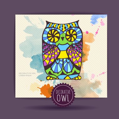 Dekoratif baykuş ve sulu boya leke kartı