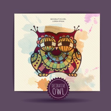 Dekoratif baykuş ve sulu boya leke kartı