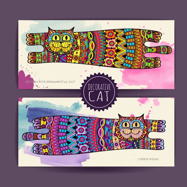 Cartão com gato decorativo e mancha de aquarela —  Vetores de Stock