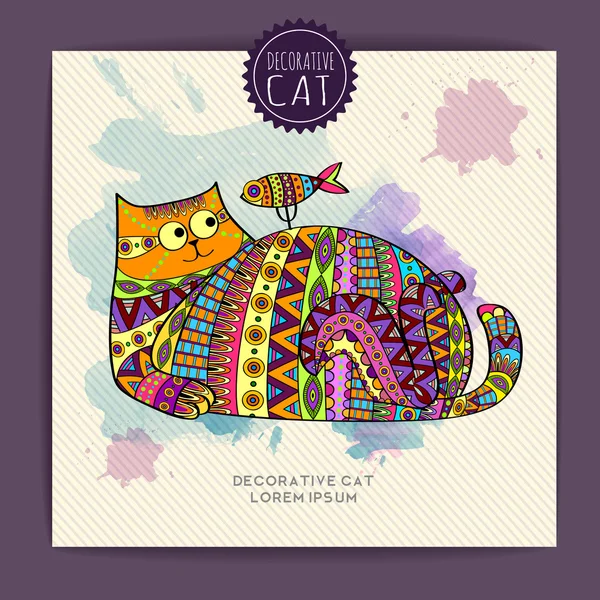 Tarjeta con gato decorativo y mancha de acuarela — Archivo Imágenes Vectoriales