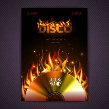 Disco poster. fire Hard rock background. Burning Disck or record