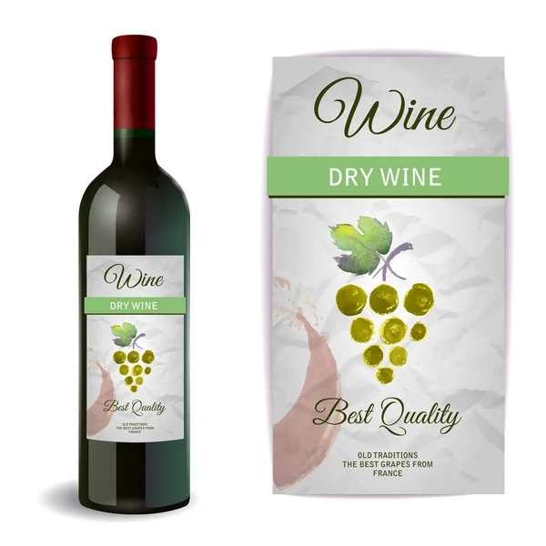 Botella de vino con etiqueta. Vino y uvas — Vector de stock