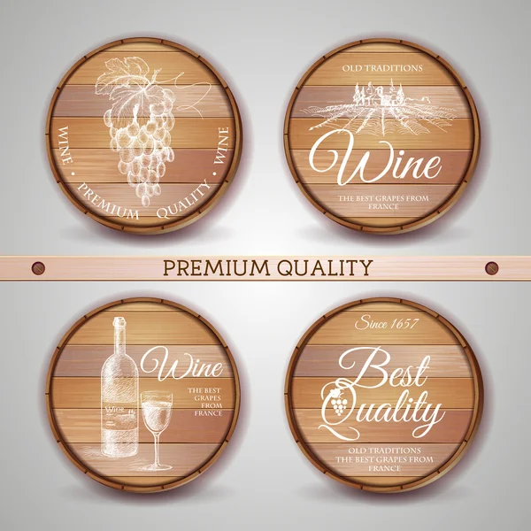 Conjunto de barricas de madera con etiqueta de vino — Vector de stock