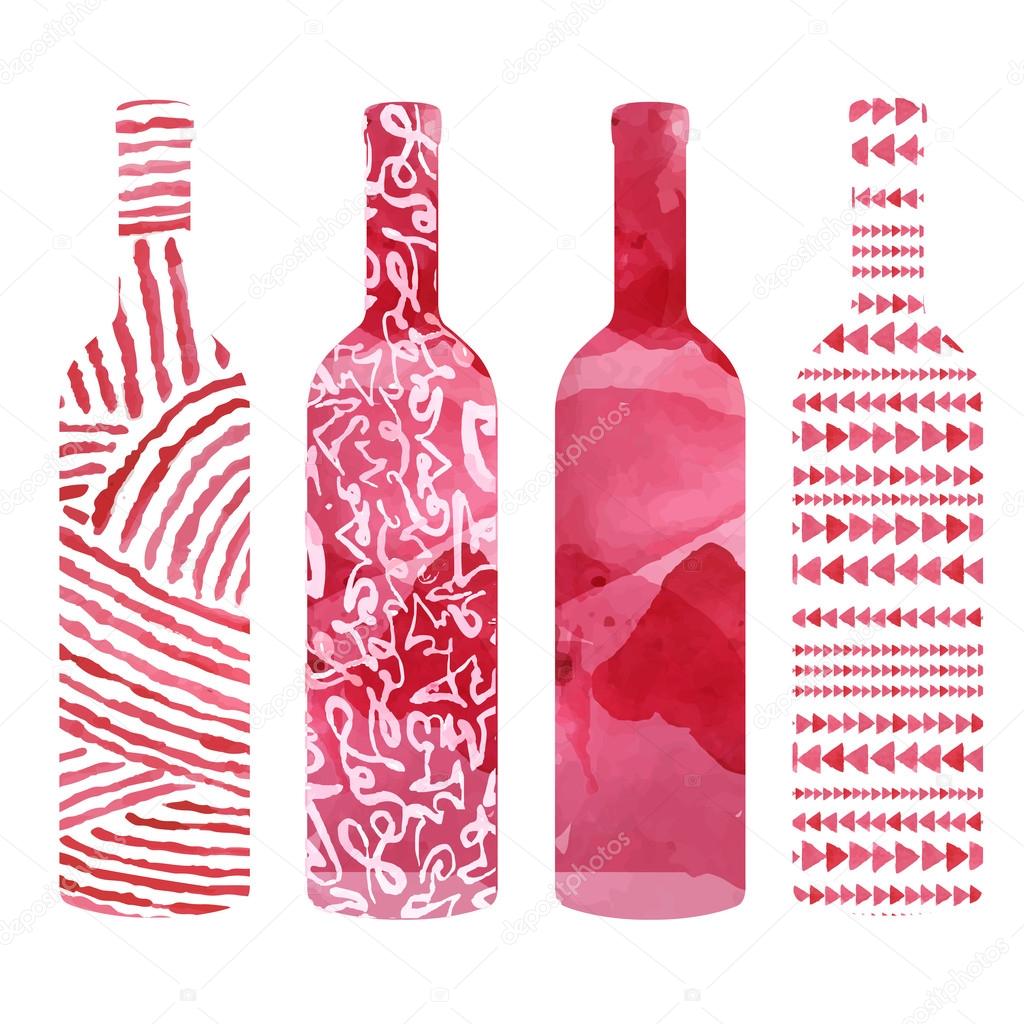Set of art watercolor wine bottles