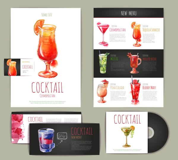 Design de conceito de cocktail aquarela. Identidade corporativa. Modelo de documento — Vetor de Stock