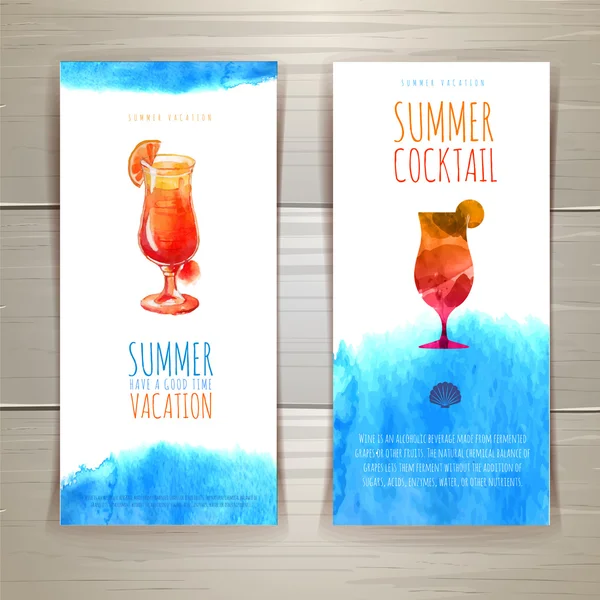 Set of blue watercolor summer banners with cocktail — Stock Vector