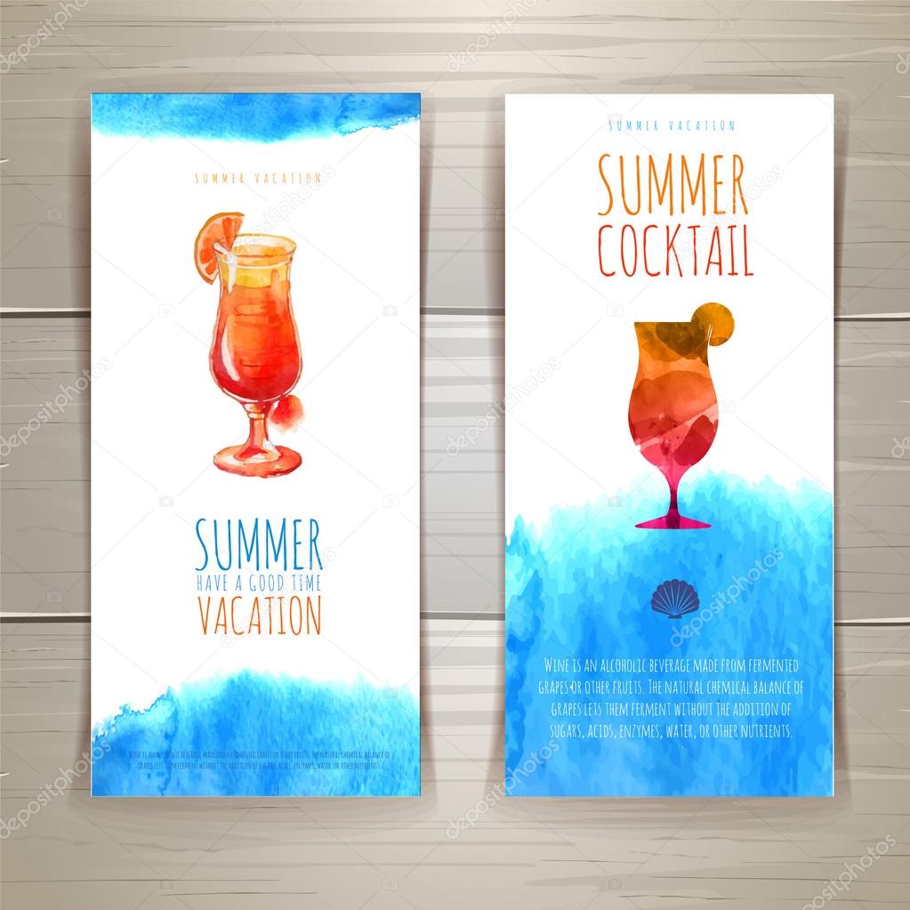Set of blue watercolor summer banners with cocktail