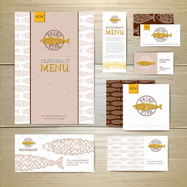 Kızarmış Balık Restoran Menü konsept tasarımı. Kurumsal kimlik. Belge şablonu — Stok Vektör
