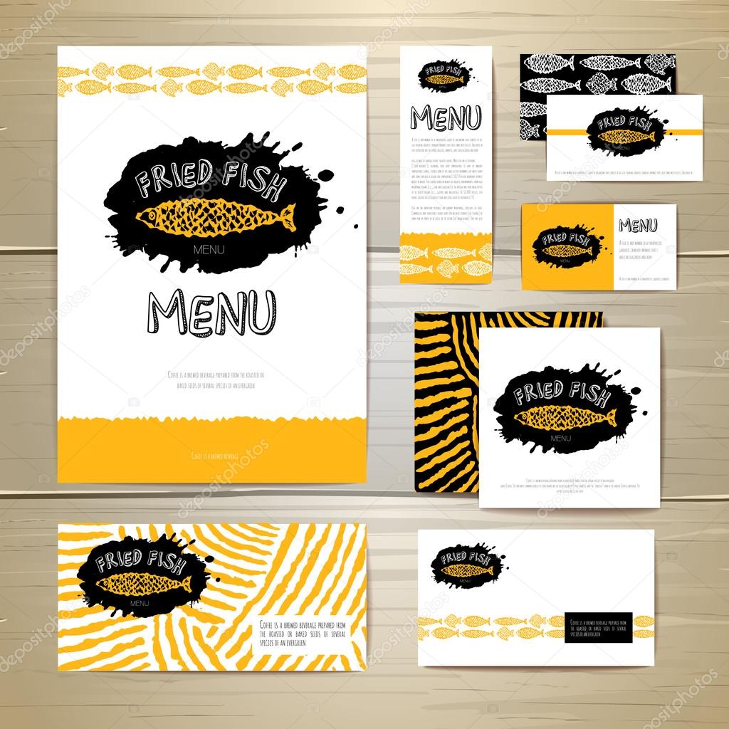 Fried fish restaurant menu concept design. Corporate identity. Document template