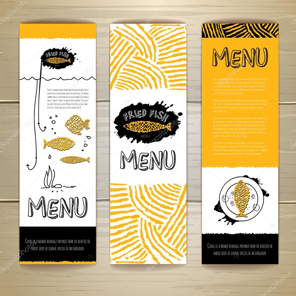 Fried fish restaurant menu concept design. Corporate identity. Set of banners
