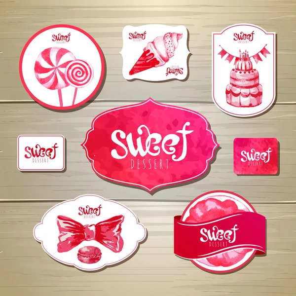 Set d'étiquettes de boulangerie rétro, rubans et cartes pour le design sur la texture du bois — Image vectorielle