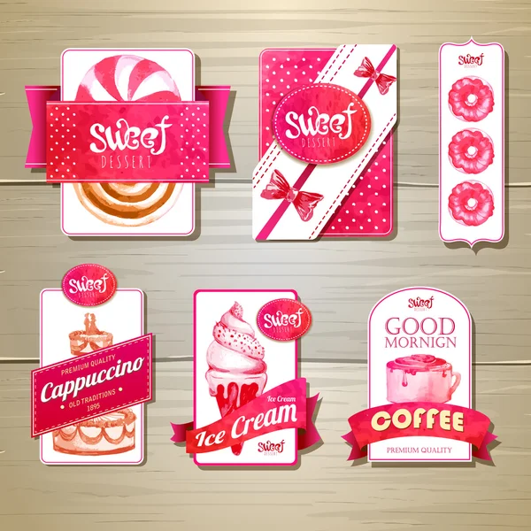 Set of retro bakery labels, ribbons and cards for design on wood texture — Stock Vector