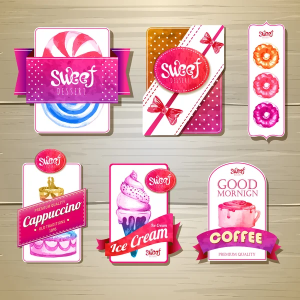 Set of retro bakery labels, ribbons and cards for design on wood texture — Stock Vector