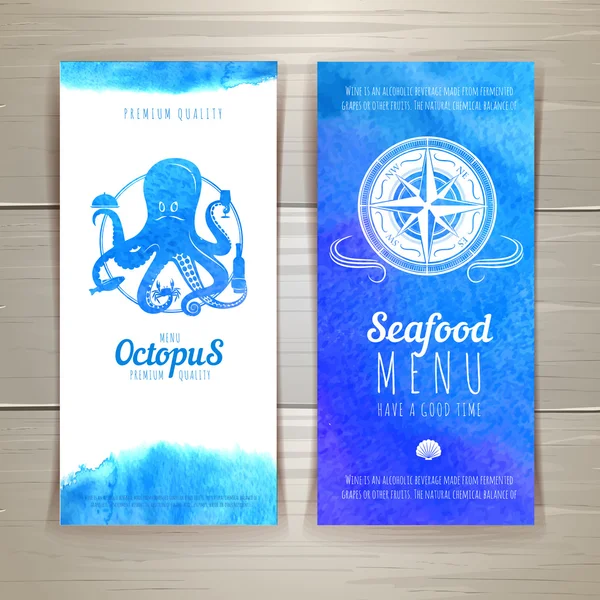 Set of blue watercolor seafood banners — Stock Vector