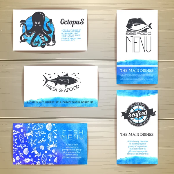 Set of seafood menu cards. Corporate identity. Document template — Stock Vector