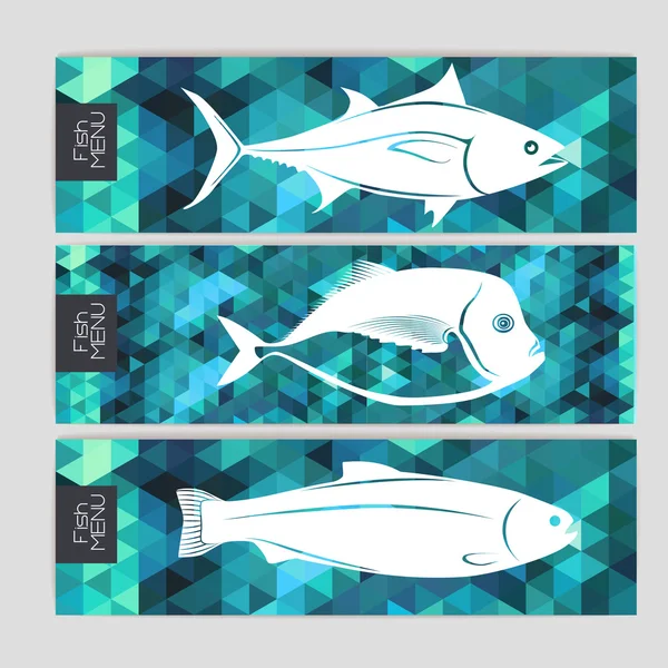 Conjunto de banderas triangulares con peces — Vector de stock