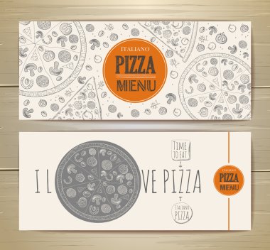 pizza ile afiş kümesi. Kroki çizim