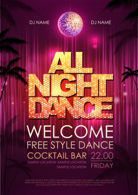 Tipografi Disco arka plan. Poster bütün gece dans disko