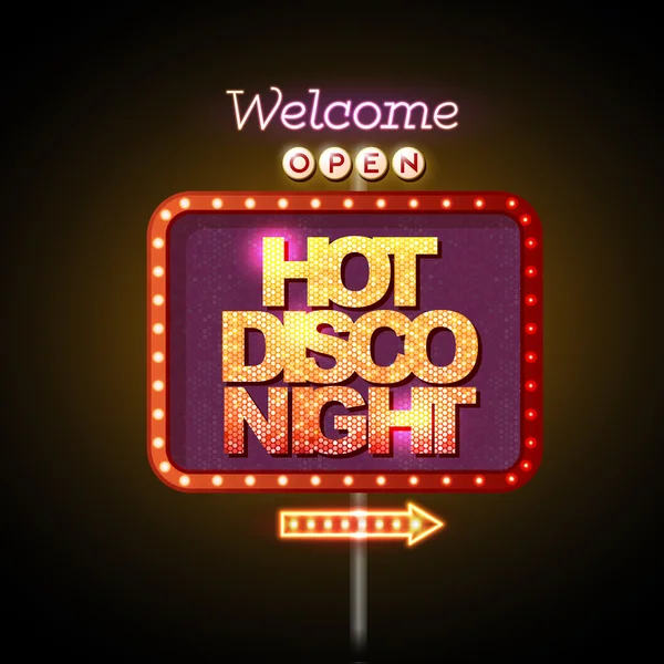 Neon sign hot disco night — Stock Vector