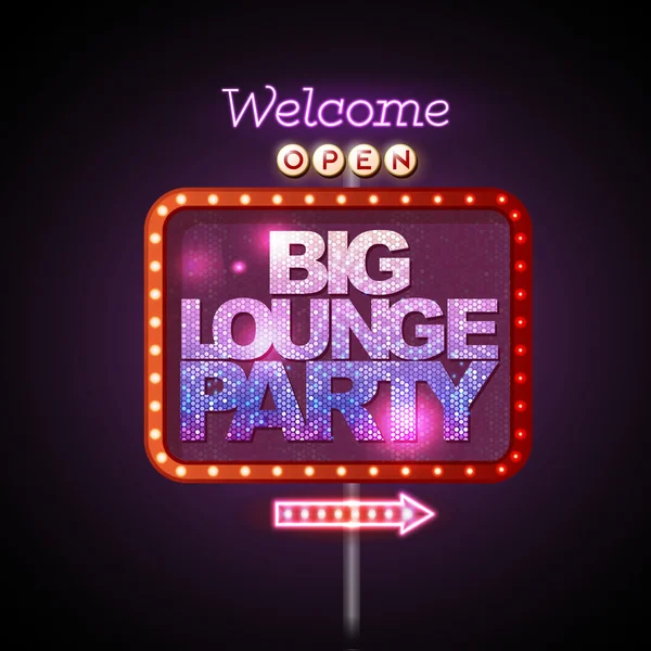 Neon sign big lounge party — Stock Vector