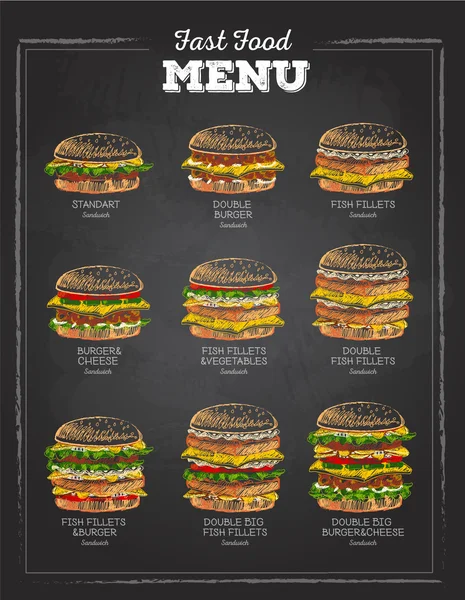 Zestaw Vintage kreda rysunek szkic kanapkę. Fast food menu. — Wektor stockowy