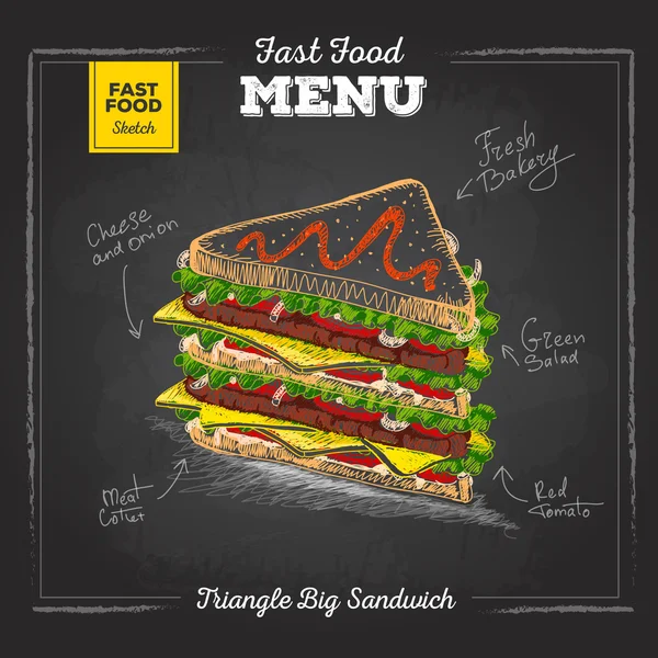 Rysunek starodawny kreda menu fast food. Szkic Sandwich — Wektor stockowy