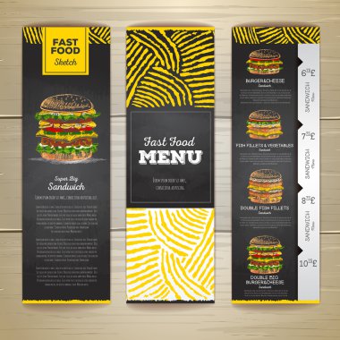 Vintage tebeşir çizim fast food menü afiş kümesi. Sandviç kroki
