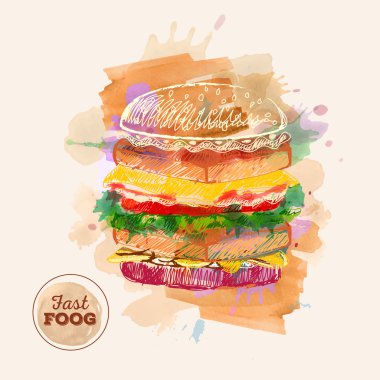 Suluboya Hamburger veya sandviç. Fast Food kroki