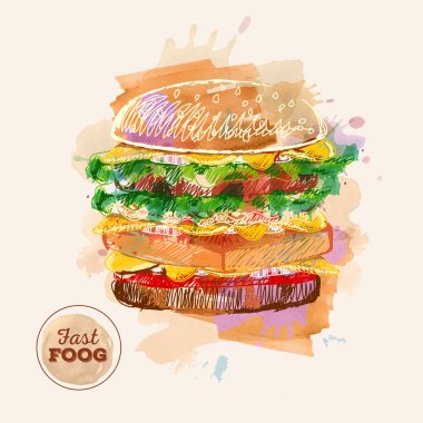 Suluboya Hamburger veya sandviç. Fast Food kroki